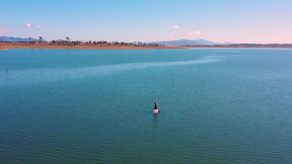 Aerial view of Stand Up Paddle Boarding on Lake Wivenhoe.