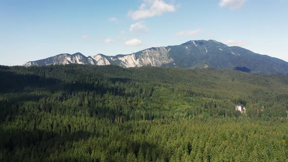 Aerial Scenic landscape of Postavarul Massif. View from Predeal, Romania