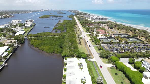 West Palm Beach, Lake Worth Florida barrier island turning to Ibis Isle neighborhood, downtown West