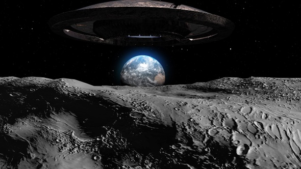 Flying saucer ufo heading toward Earth from the moon