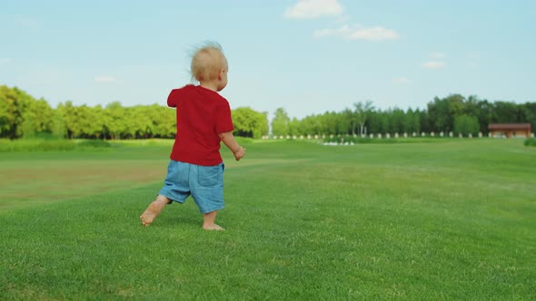 Small Boy Running in Field. Blonde Kid Having Fun in Green Meadow