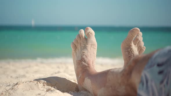 Vacation Holiday On Caribbean Beach.Beach Sun Lounger Sunbathing.Happy Tourist Rest On Vacation 