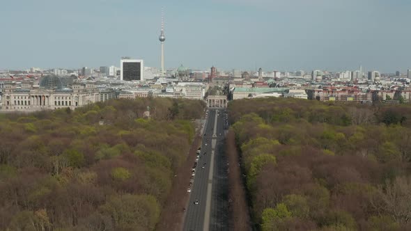 AERIAL: Strasse des 17. Juni with View on Brandenburg Gate in Berlin, Germany on Sunny Day