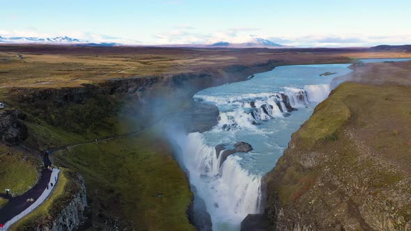 Flying Above the Gullfoss Waterfall on the Olfusa River in Southwest Iceland