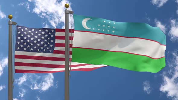 Usa Flag Vs Uzbekistan Flag On Flagpole
