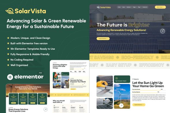 SolarVista – Solar & Green Energy for Sustainability Elementor Template Kit – 0 Sold!