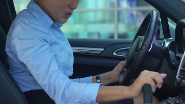 Overjoyed Female Pleased With First Purchased Car, Touches Random Buttons, Auto