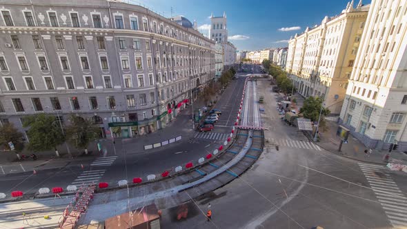 Workers with Protective Mask Welding Reinforcement for Tram Tracks in the City Timelapse