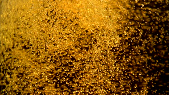 Extreme close-up beer bubbles in glass, Slow Motion