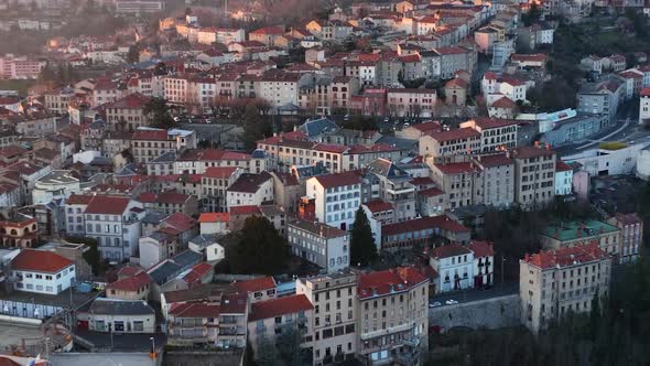 Aerial View of Dense Historic Center of Thiers Town in PuydeDome Department AuvergneRhoneAlpes