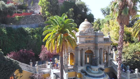 Hill Santa Lucia Park, Neptune Fountain, Santiago capital of Chile, aerial view