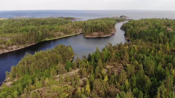 Skerry rocks covered with trees, aerial shot of Murolahti bay, Ladoga lake
