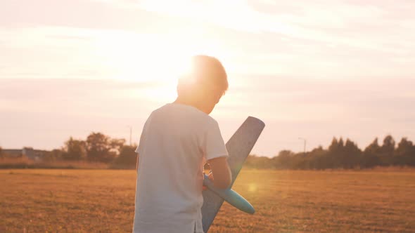 Little boy plays with a toy plane in a field at sunset. Childhood, freedom, inspiration concept.