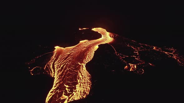 Drone Over Moving River Of Molten Lava From Erupting Volcano