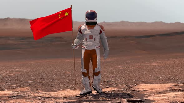 Astronaut Walking on Mars with Chinese Flag