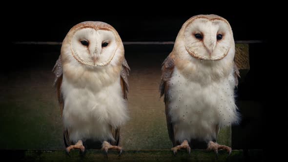 Owls on Perch Outside Old Barn