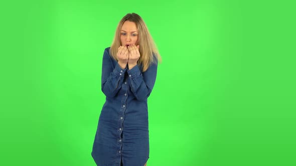 Fair Woman Froze and Trying To Keep Warm. Green Screen