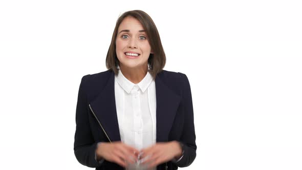 Portrait of Caucasian Woman Administrator with Short Hair Throwing Up Hands in Rejection Meaning Don