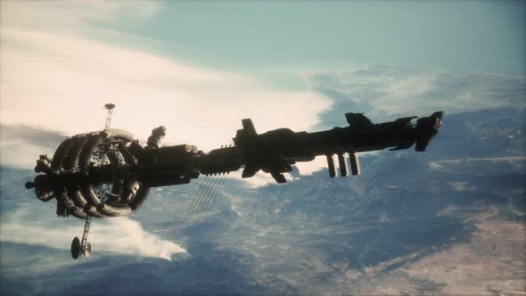 3D Illustration of a Spaceship in Orbit Around Planet Earth alt