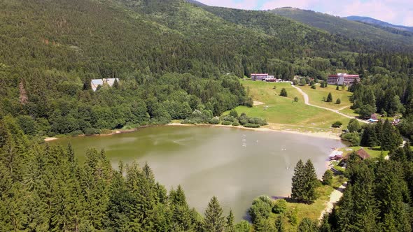 Aerial view of the Krpacovo reservoir in the village of Dolna Lehota in Slovakia