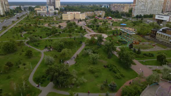 Aerial view over the Molodizhnyy Park towards the Koledzh Khoreohrafichnoho Academy, in Troieshchyna