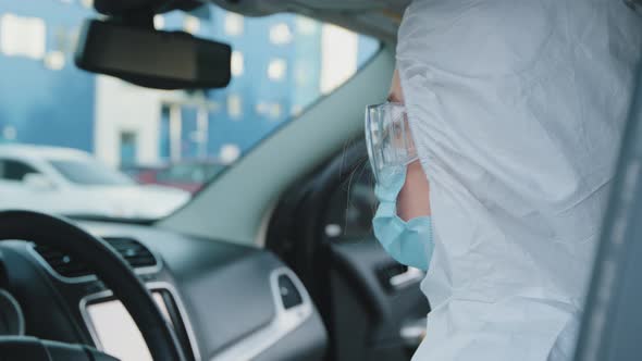 Portrait Female Face Caucasian Blueeyed Woman Doctor Nurse Wears Medical Protective Suit Uniform