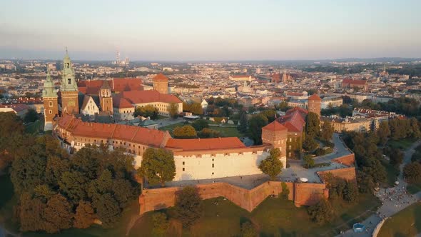 Aerial View of Royal Wawel Cathedral and Castle in Krakow, Poland, with Vistula River, Park, Yard