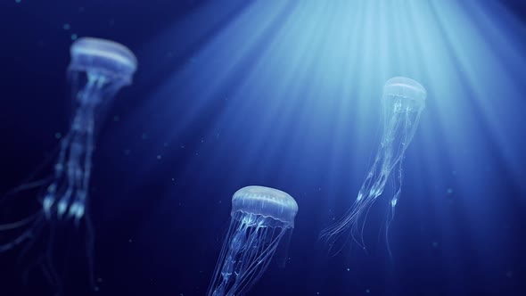 Jellyfishes Swimming In Deep Ocean