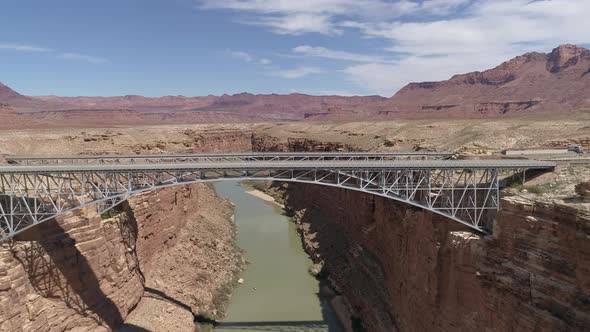 Aerial of Navajo Bridge crossing the Colorado River