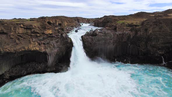 Drone Aerial View of The Aldeyjarfoss Waterfall in North Iceland