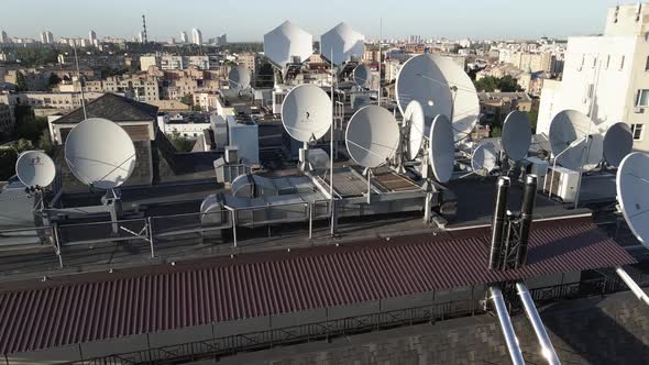 TV Antennas on the Roof of the Building. Aerial. Kyiv, Ukraine