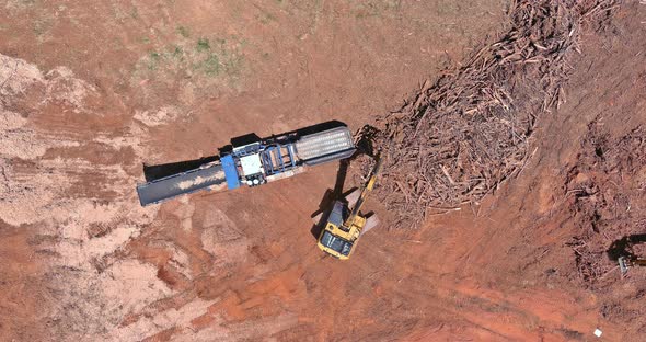 Aerial View on Processing Facility Large Industrial Wood Chip Shredder