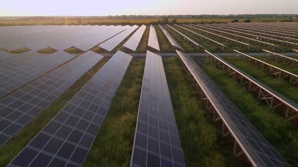 HDR Aerial View of Solar Panels Stand in a Row in the Fields Power Ecology Innovation Nature