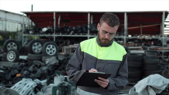 Young Mechanic with Glasses Stands Among the Spare Parts in the Yard of a Car Service Taking a Pen