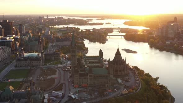 Canada Parliament Hill Ottawa Dusk Golden Hour Aerial