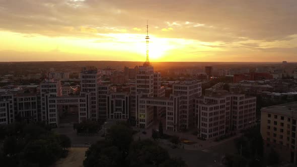 Top View and Front View of the Soviet Building - Derzhprom in the Upcoming Shoot Against the