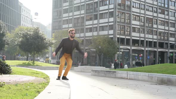 Slow motion young business bearded man jumping outdoor