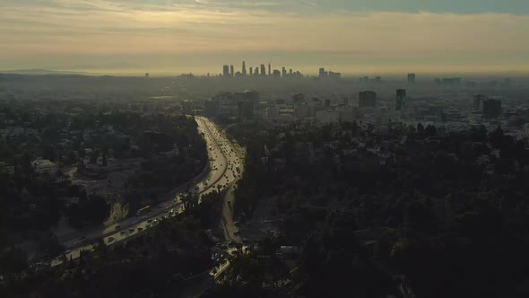 Los Angeles City at Sunrise. Downtown View. California, USA. Aerial View