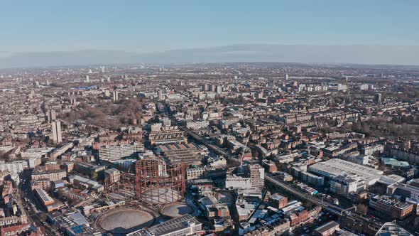 Descending drone shot of residential London clear day after snow Tower hamlets