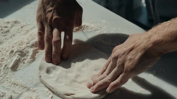 Flying Pizza Dough with Flour Scattering Pinsa Pinza Chef Restaurant Cafe