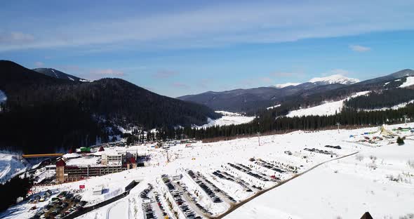 Aerial View of the Ski Resort in Mountains at Winter