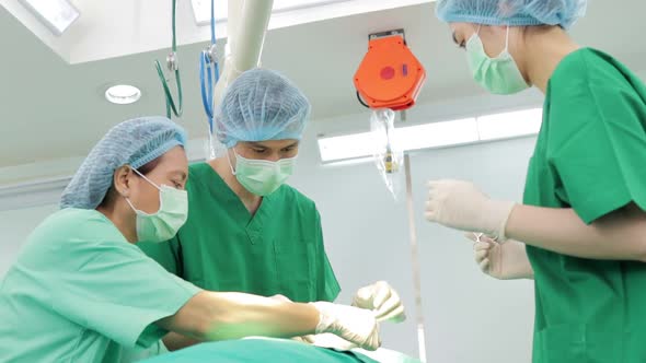 Professional team of Asian surgeons Perform surgery on a patient lying on a bed in a hospital