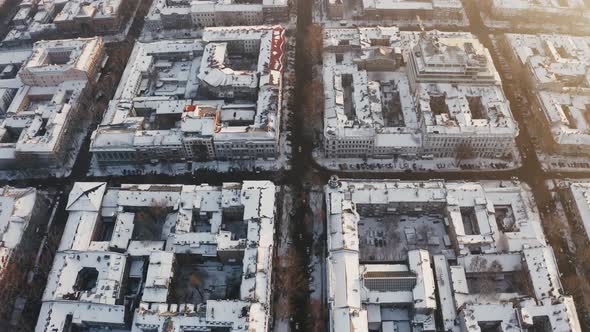 Aerial View of Old City Center During Sunny Winter Day