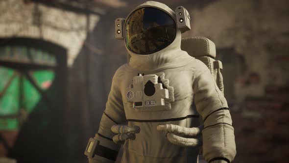 Lost Astronaut Near Abandoned Industrial Buildings of Old Factory alt