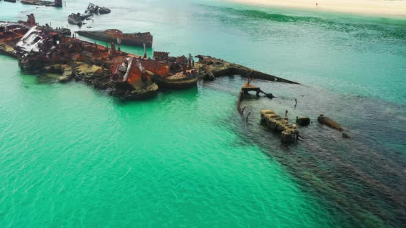 Drone footage, low fly over. Moreton Island wrecks, clear water diving. Queensland Australia