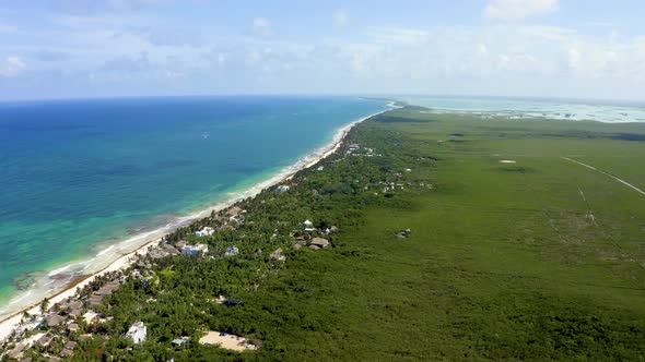 Flying Over Tulum Coastline By the Beach with a Magical Caribbean Sea