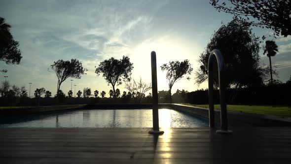 Pool and Tree Silhouette at Sunset 4K