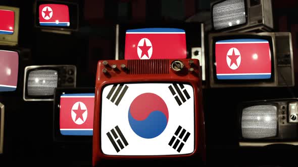 Flags of North Korea and Flags of South Korea on Retro TVs.