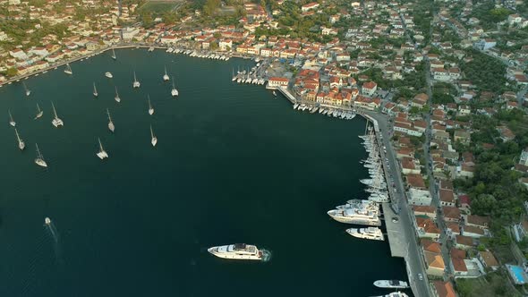Aerial view of harbor on the bay at mediterranean sea, Greece.