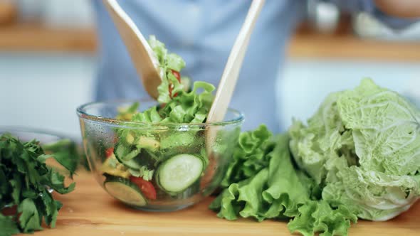 Close Up Female Hands Mixing Fresh Vegetable Salad in Bowl